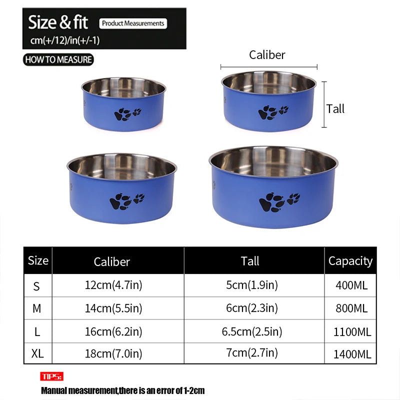 Measurement chart for blue pet bowls with paw design, showing size, caliber, tall, and capacity.