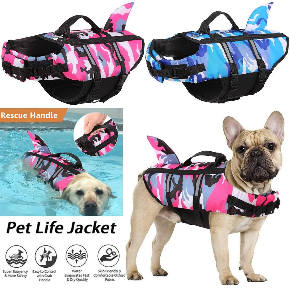 
Colorful dog life jackets with buoyant design and reflective safety strips