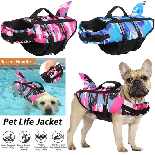 
Colorful dog life jackets with buoyant design and reflective safety strips