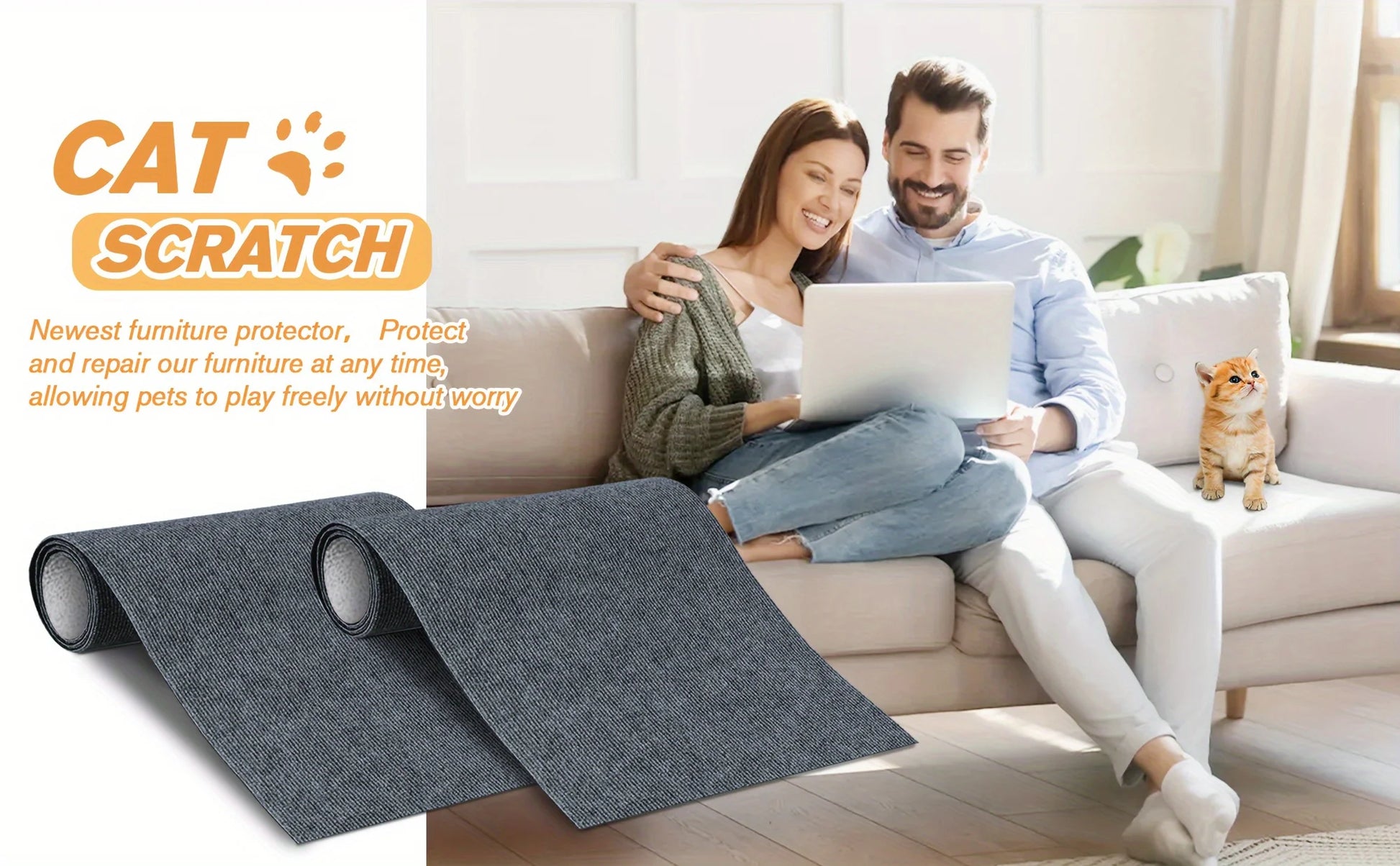 Brown self-adhesive furniture protector mat installed on couch corner