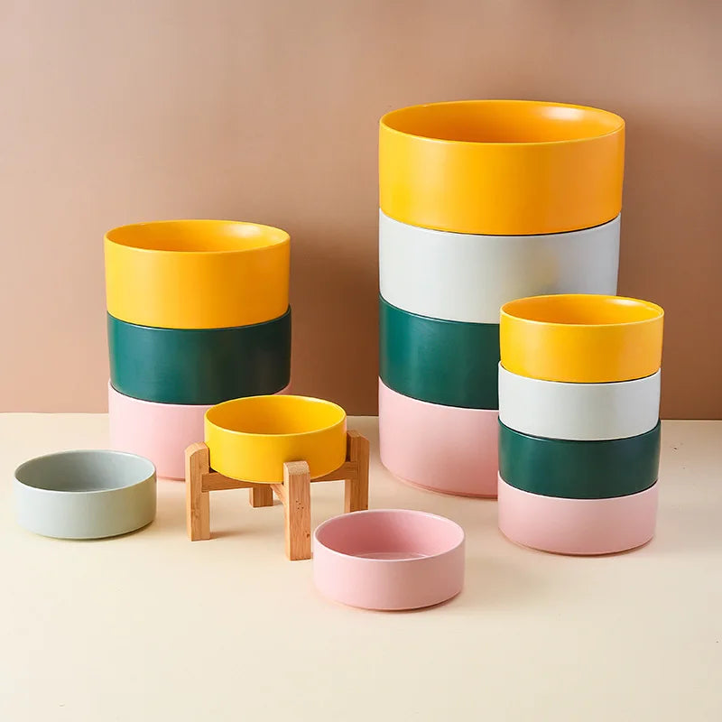 Elevated Dog Bowl - Ceramic with Wooden Stand