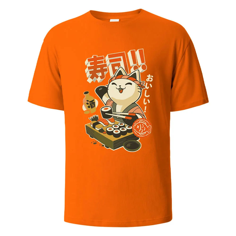 Sushi Cat Print t shirts 100% Cotton Summer Tees For Men Women Oversize Casual Tops t shirts