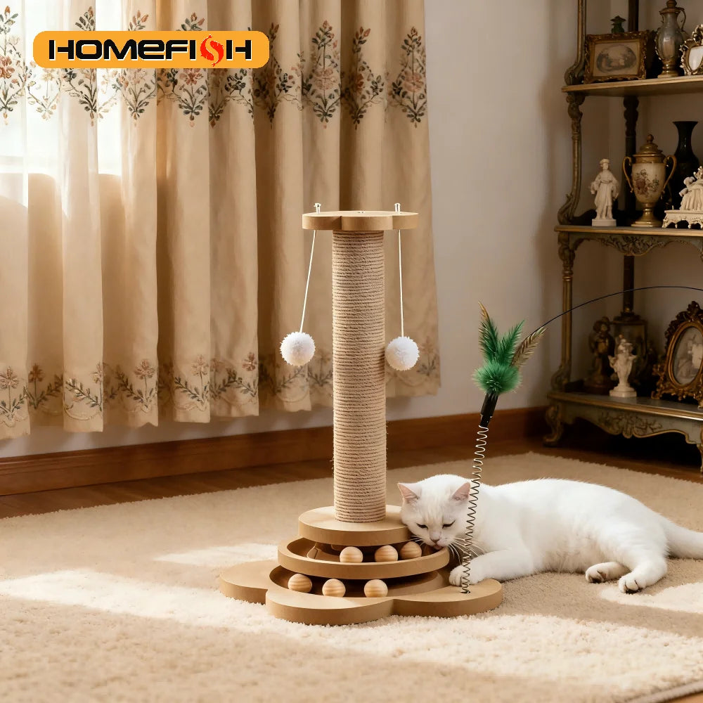 Wooden Cat Turntable Toy - Interactive Sisal Scratching Board with Balls