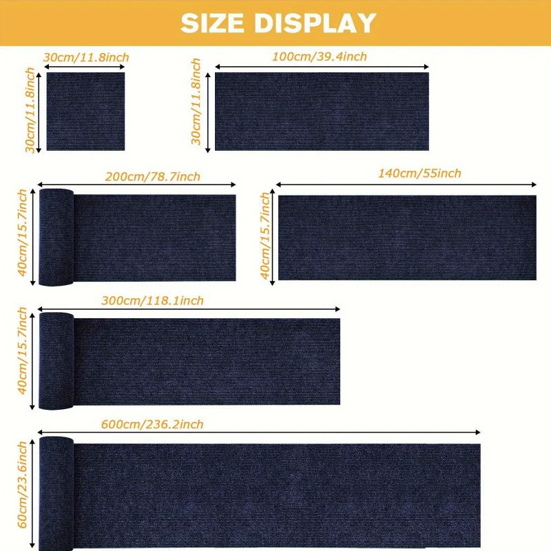 Self-adhesive cat scratching mat pieces in navy blue showing different sizes and shapes