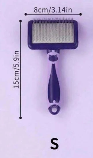 Pet grooming brush with dimensions on a purple background