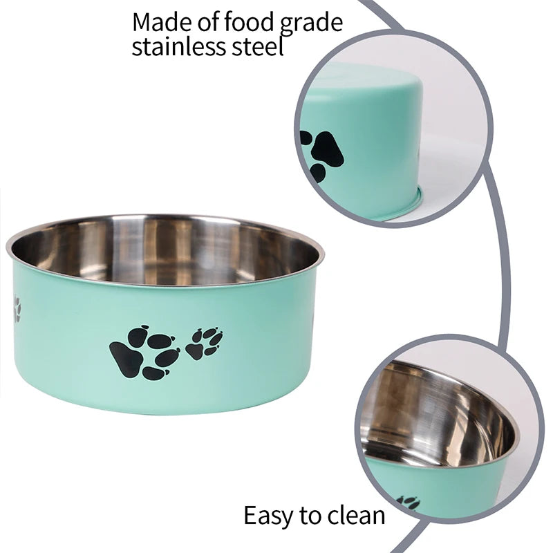 Pet bowl made of food-grade stainless steel with paw print design, shown from different angles on a white background.