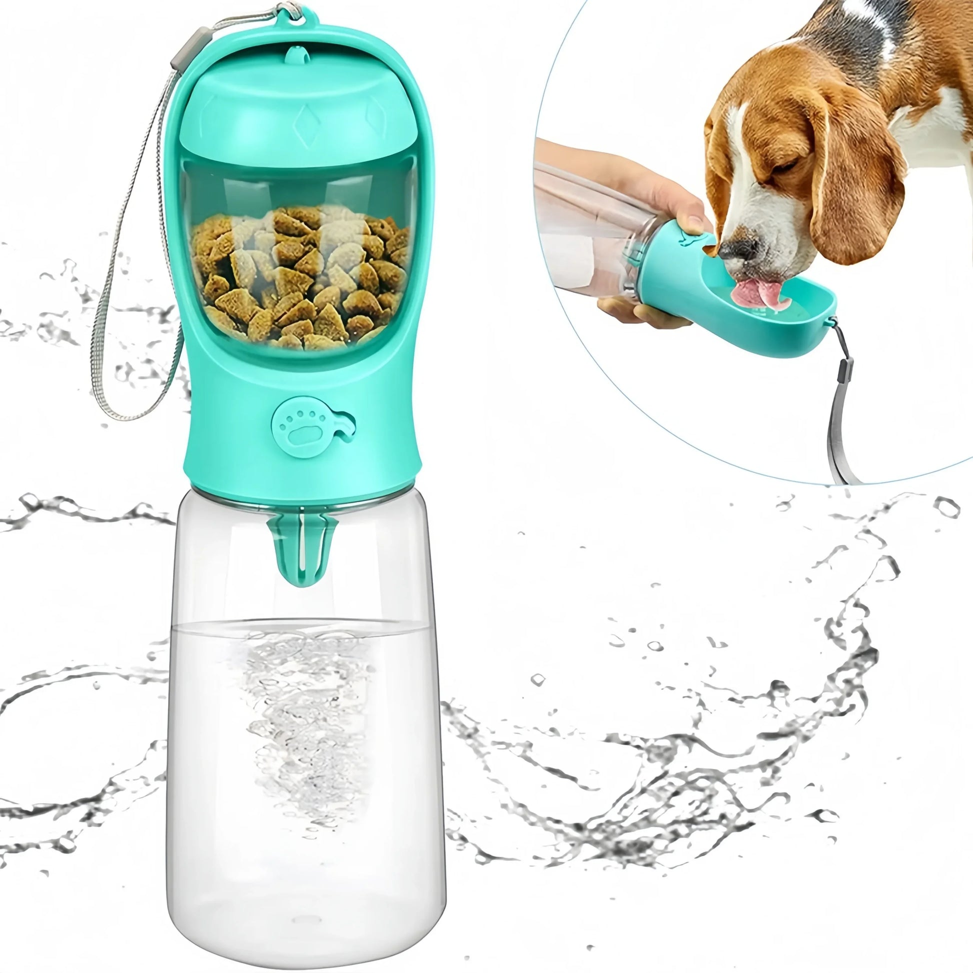 Portable dog water bottle with food dispenser for travel
