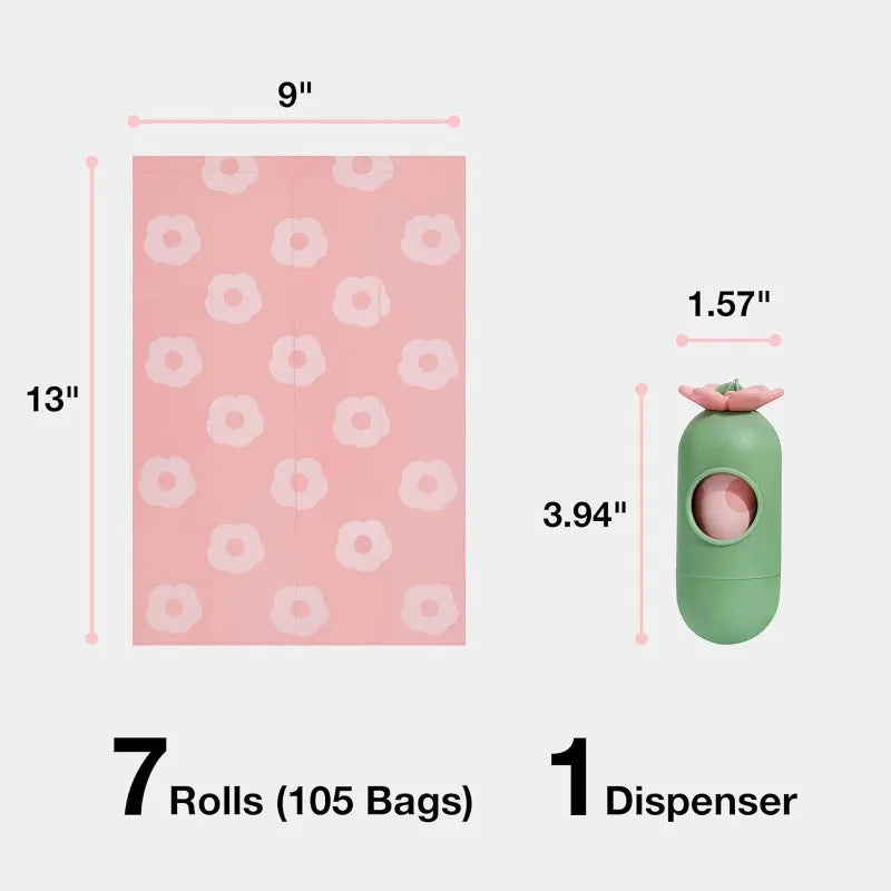 Measurement chart showing a pink bag with white floral pattern and a green dispenser on a white background.