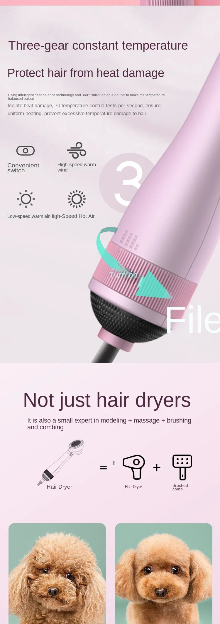 Pet Grooming Dryer Brush - 2-in-1 Quiet Tool