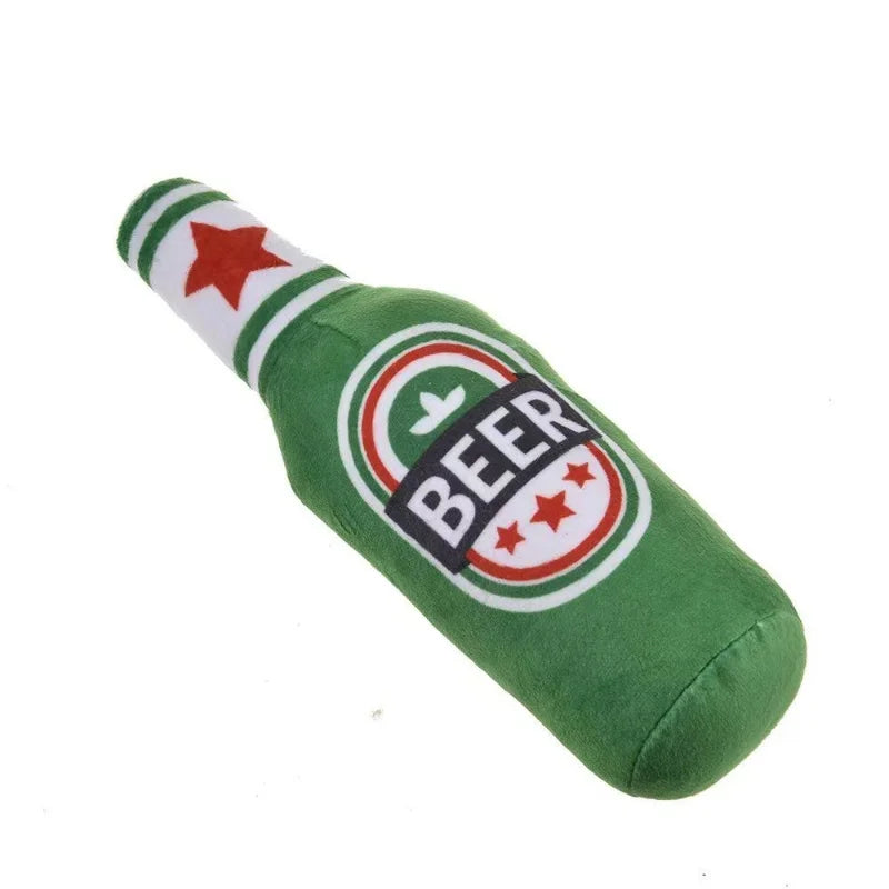 Beer Bottle Shaped Plush Dog Chew Toy Squeaky Interactive Bite-Resistant Pet Playing Supplies for Small to Large Dogs Teeth Clea