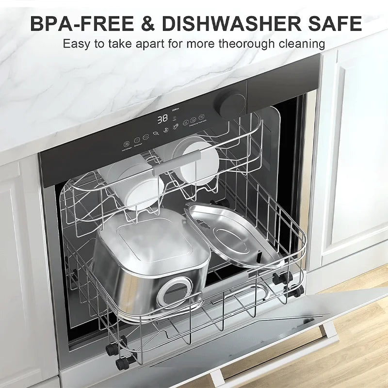 Dishwasher with silver dishes inside, labeled 'BPA-Free & Dishwasher Safe'.