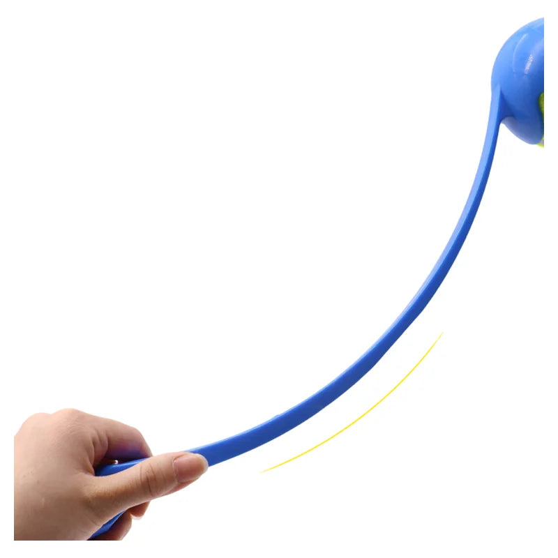 Blue jump rope with a hand holding one end on a white background