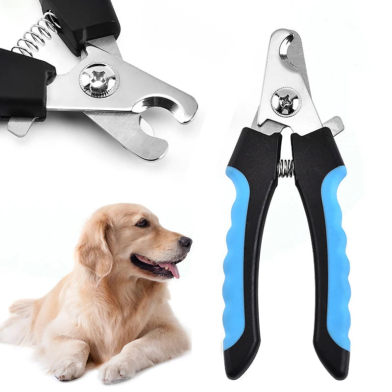 Pet nail clippers with blue handles and a dog on a white background