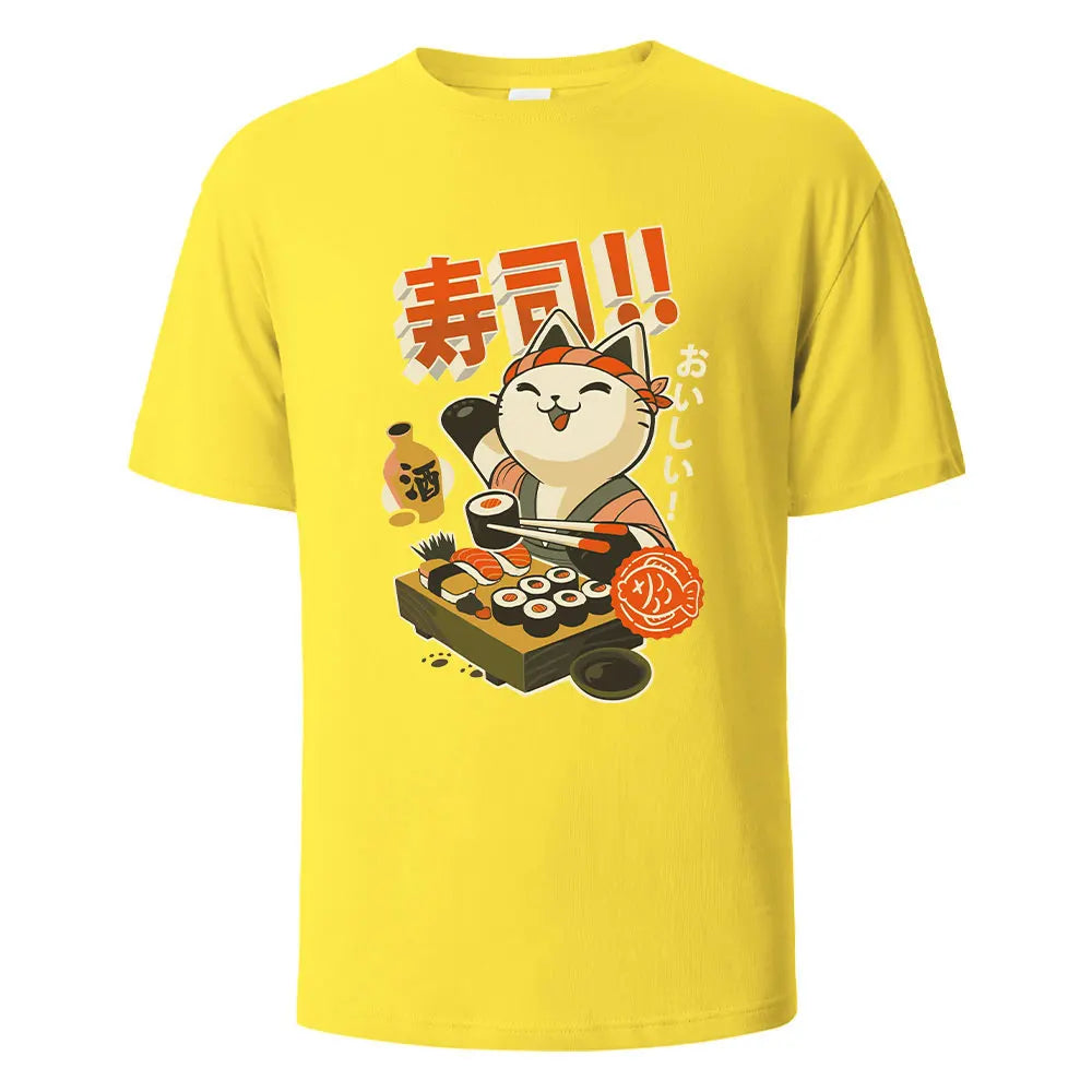 Sushi Cat Print t shirts 100% Cotton Summer Tees For Men Women Oversize Casual Tops t shirts
