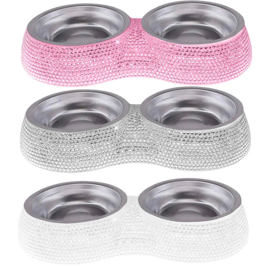 Pet Bowl Set - Double Rhinestone Feeder