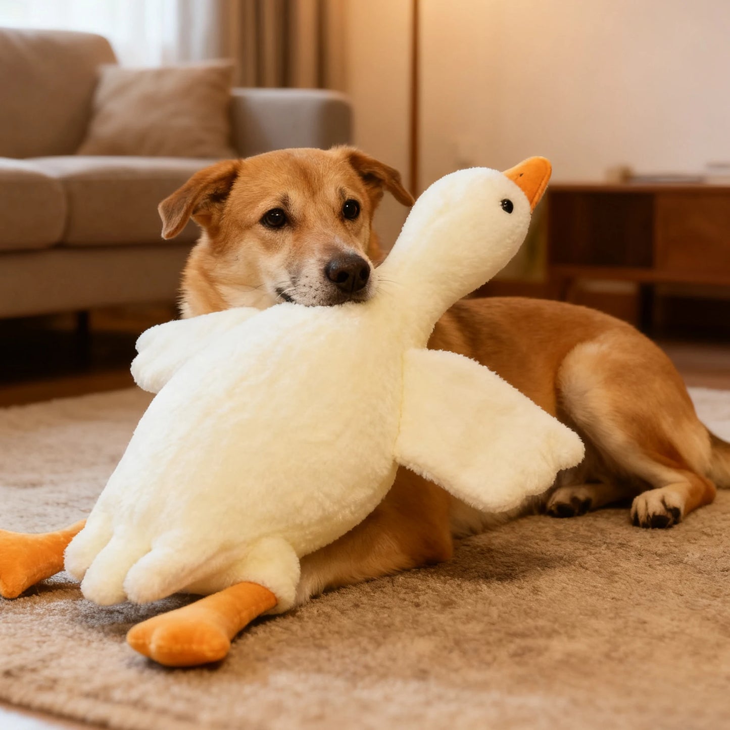 Dog playing with a plush duck toy on a carpeted floor.