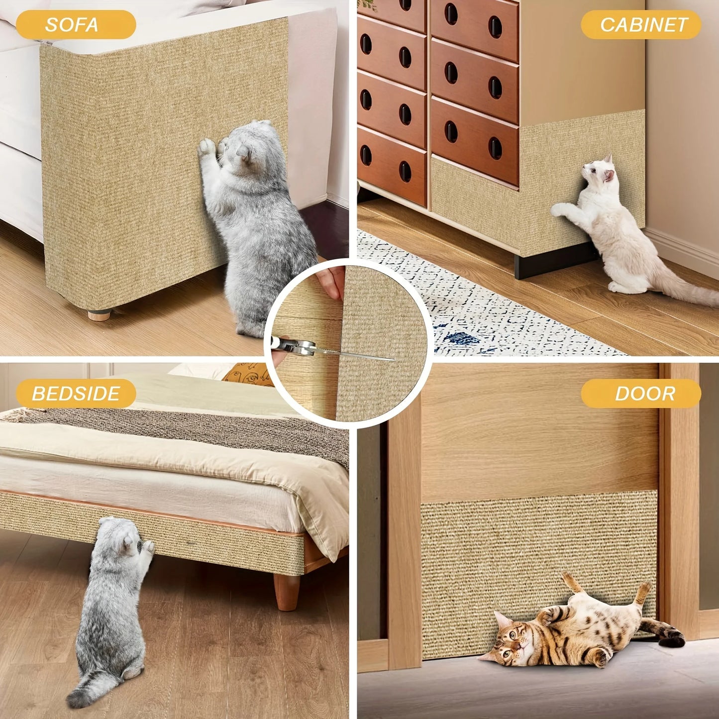 White cat lying on grey self-adhesive scratching mat on furniture