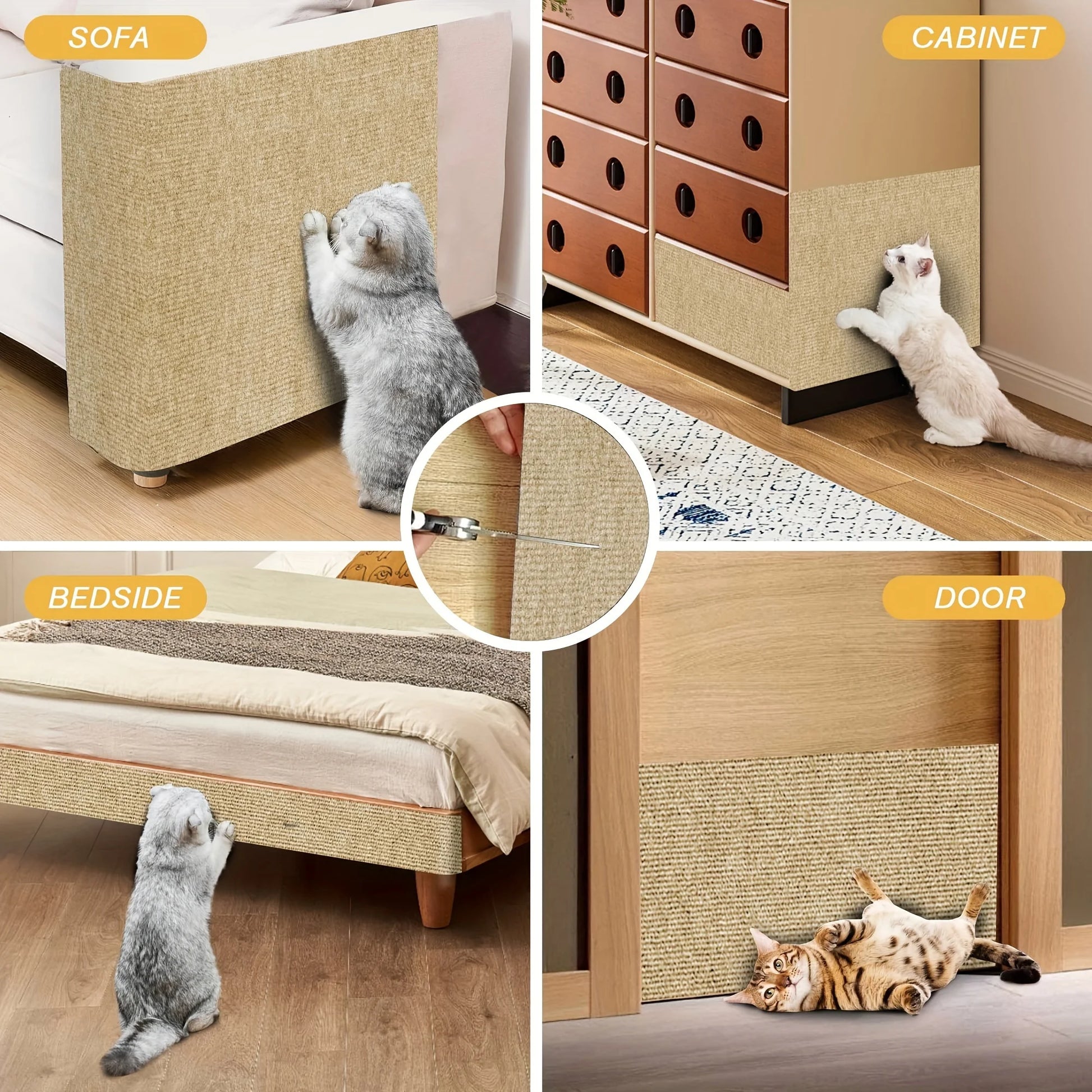 White cat lying on grey self-adhesive scratching mat on furniture