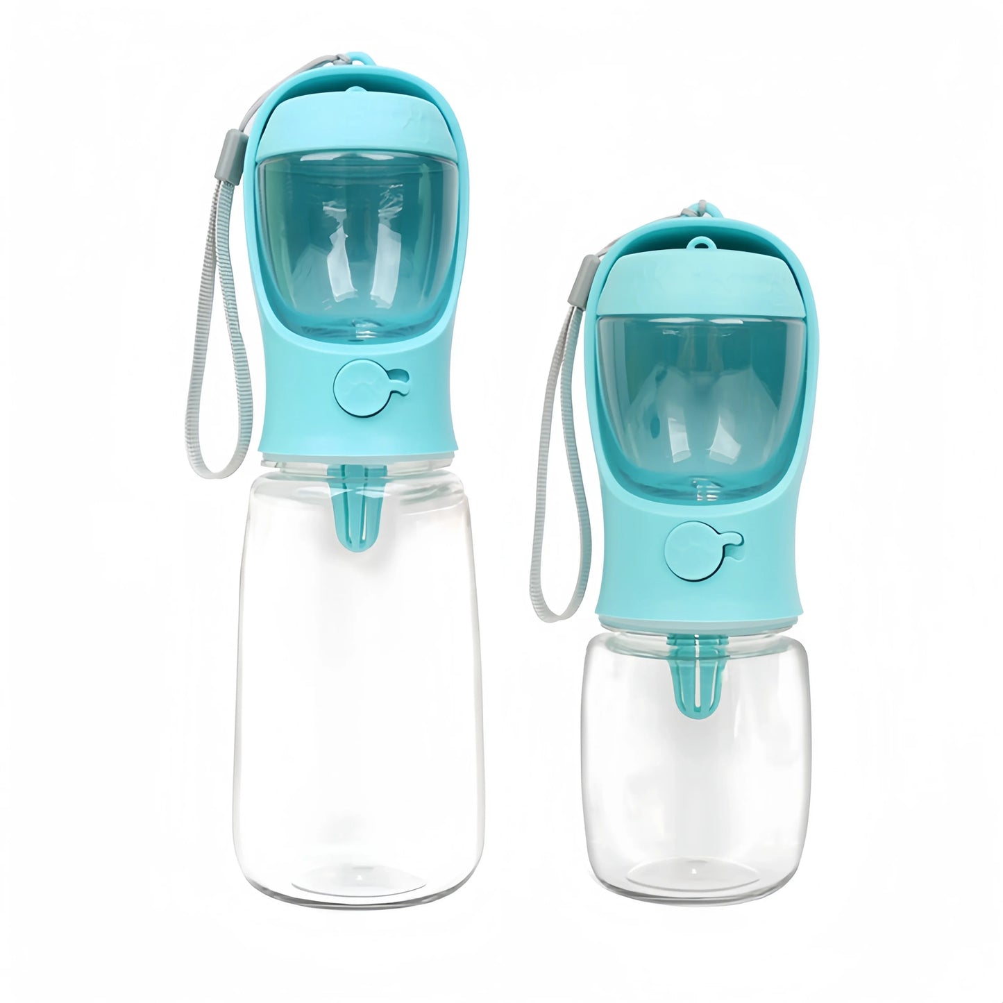 Two portable water bottles with blue lids on a white background