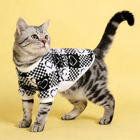 1Pc Spring Summer Pet Short-Sleeve Top Lightweight Breathable Heart & Checkerboard Pattern Shirt Cute Apparel for Cats/Dogs