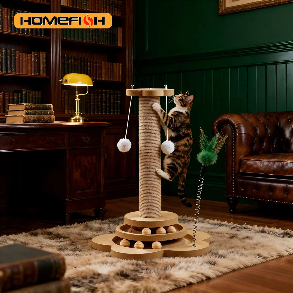 Wooden Cat Turntable Toy - Interactive Sisal Scratching Board with Balls
