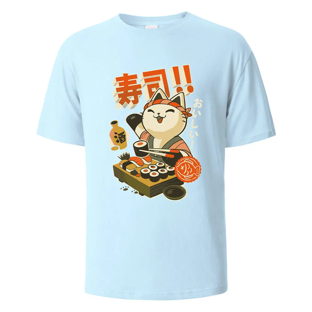 Sushi Cat Print t shirts 100% Cotton Summer Tees For Men Women Oversize Casual Tops t shirts