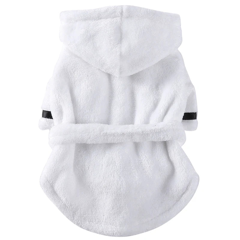 
White soft pet bathrobe with hood for drying dogs and cats after bath