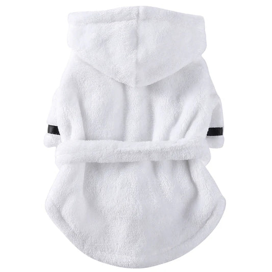 
White soft pet bathrobe with hood for drying dogs and cats after bath