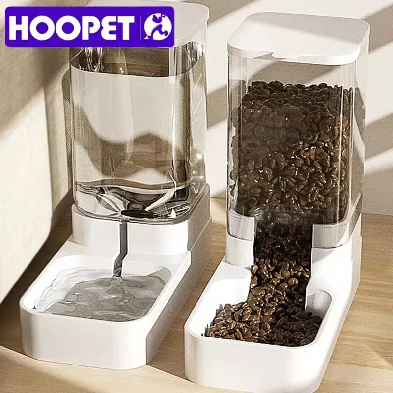 Transparent automatic pet food and water bowl dispenser with storage
