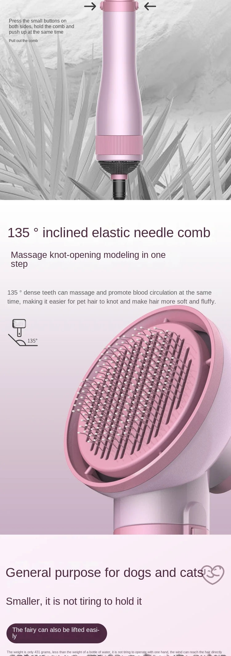Pet Grooming Dryer Brush - 2-in-1 Quiet Tool