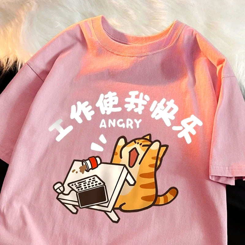 Work Makes Me Happy Fun Cat Printed Japanese Style T-Shirts Women Fashion Breathable Tshirt Casual  Summer Clothes Tops