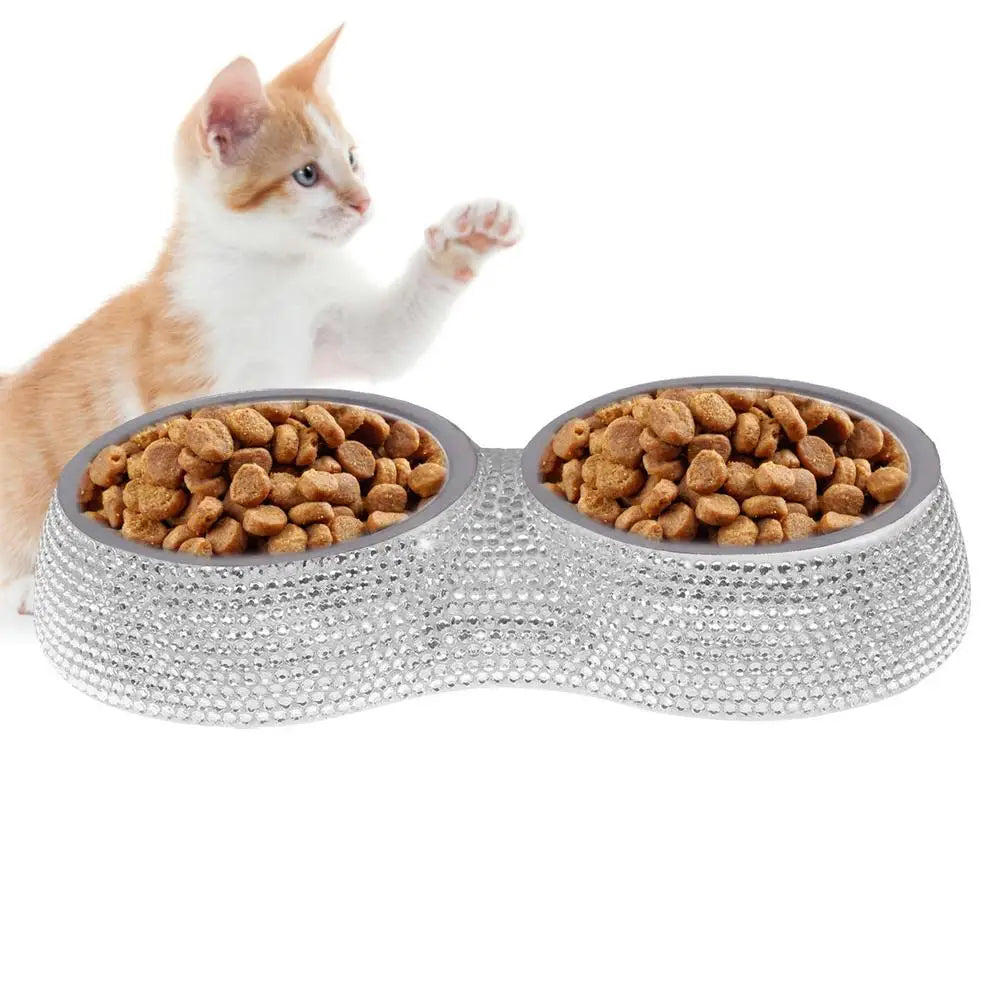 Pet Bowl Set - Double Rhinestone Feeder