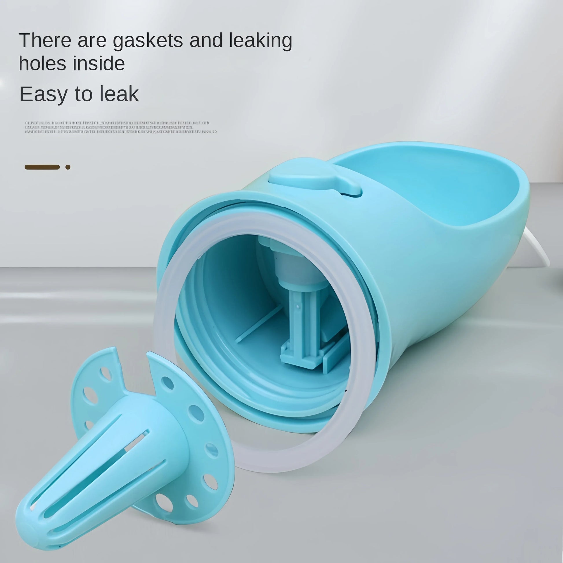 Light blue silicone product with text about gaskets and leaks on a white background