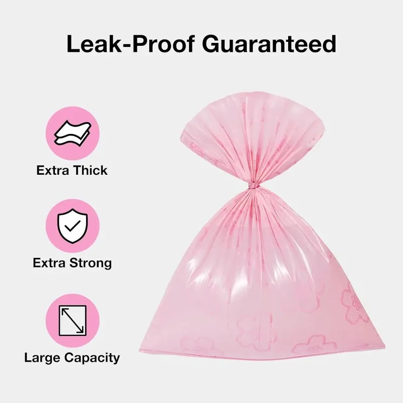Pink trash bag with features labeled as leak-proof, extra thick, extra strong, and large capacity on a white background.