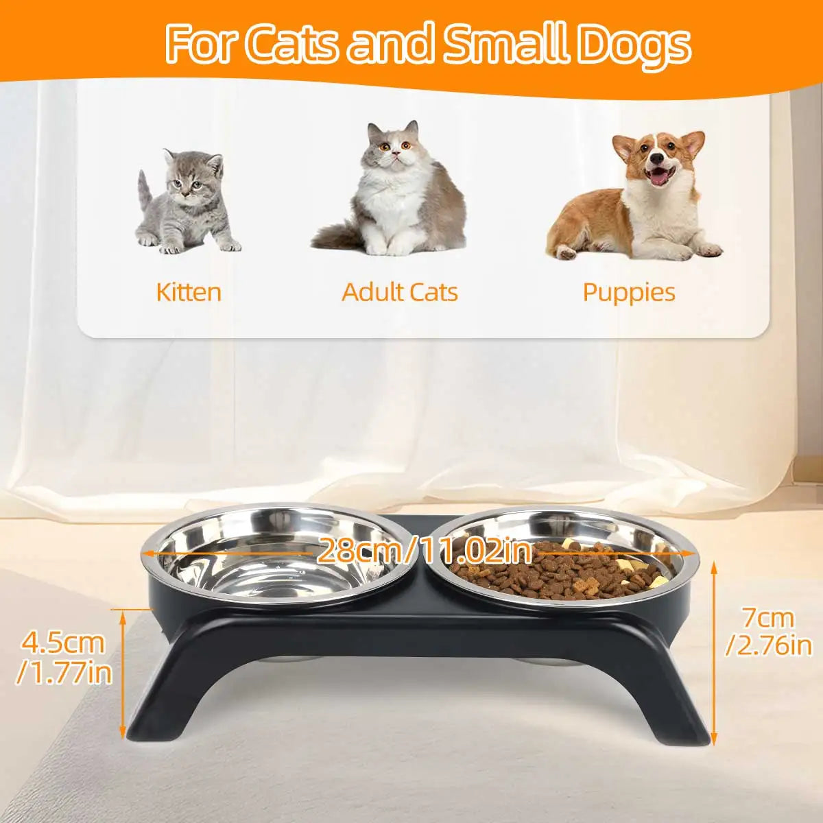Pet feeding station for cats and small dogs with measurements and images of different cat and dog breeds.