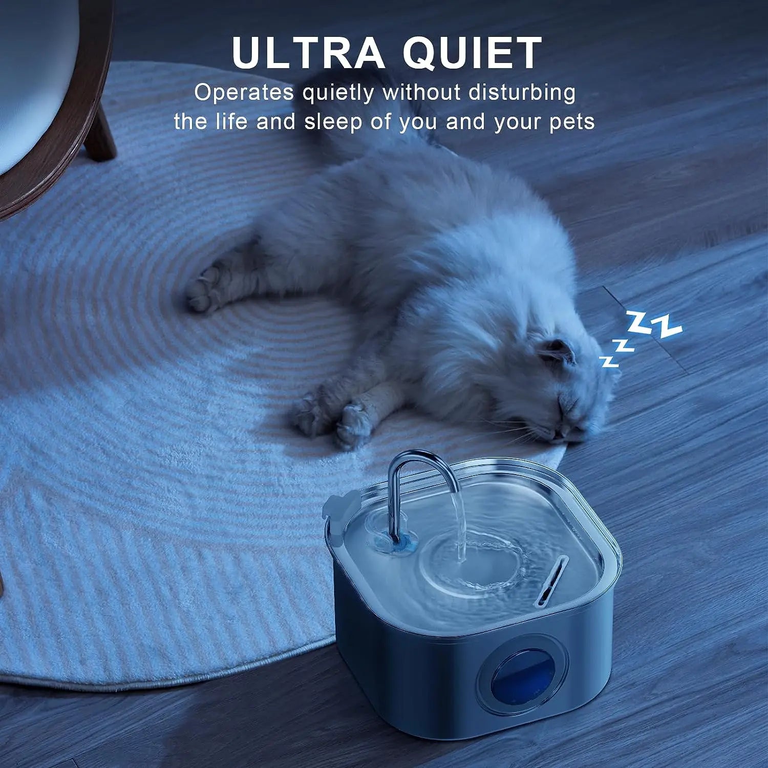 Cat lying next to a pet water fountain with text about ultra quiet operation.