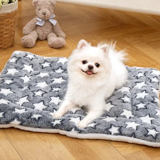 Soft beige flannel pet blanket with paw print pattern for dogs and cats
