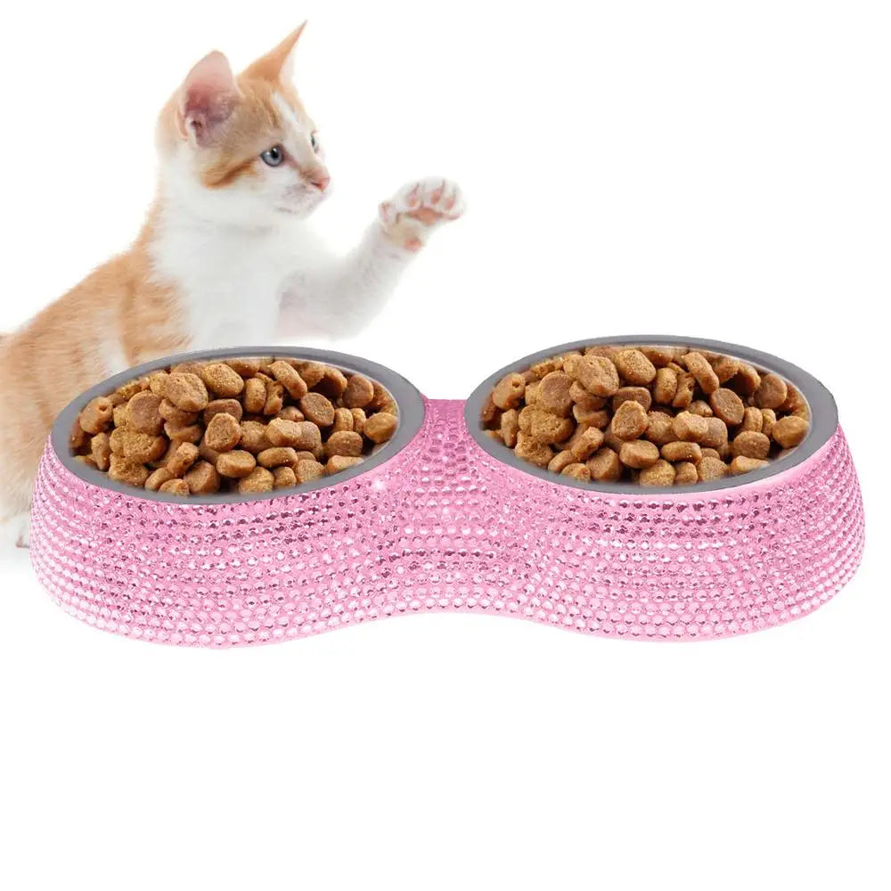 Pet Bowl Set - Double Rhinestone Feeder
