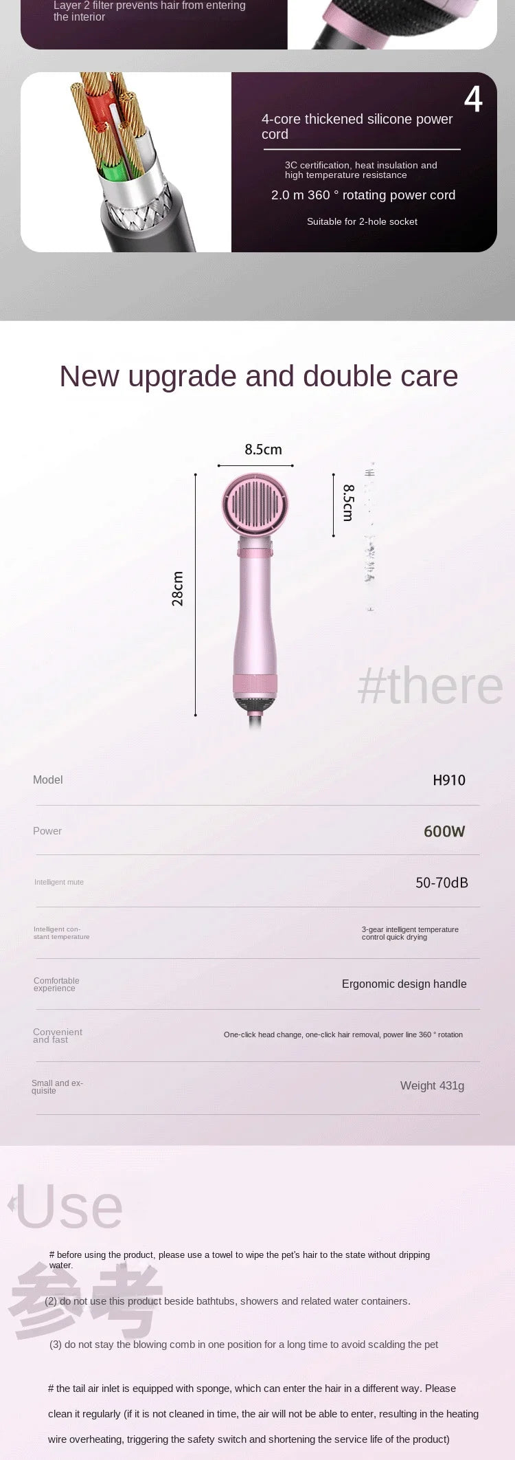 Pet Grooming Dryer Brush - 2-in-1 Quiet Tool