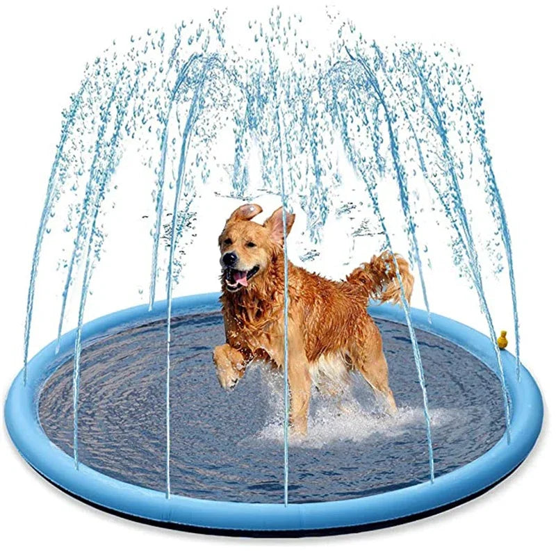 Blue inflatable pet swimming pool with water sprinkler fountain toy
