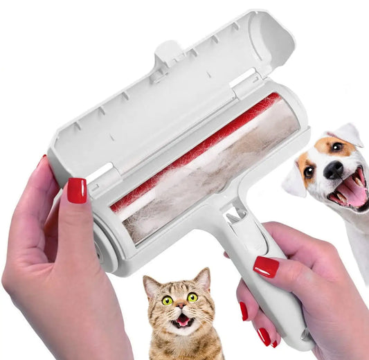 Pink pet hair remover roller with self-cleaning base