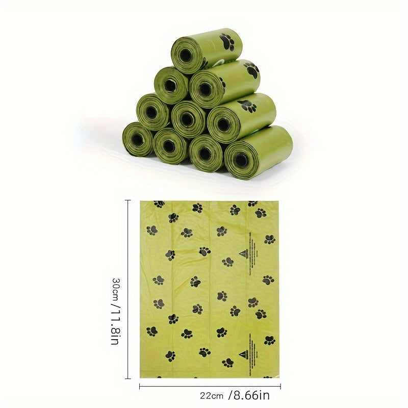 Stack of green pet waste bags with a close-up inset showing dimensions on a white background