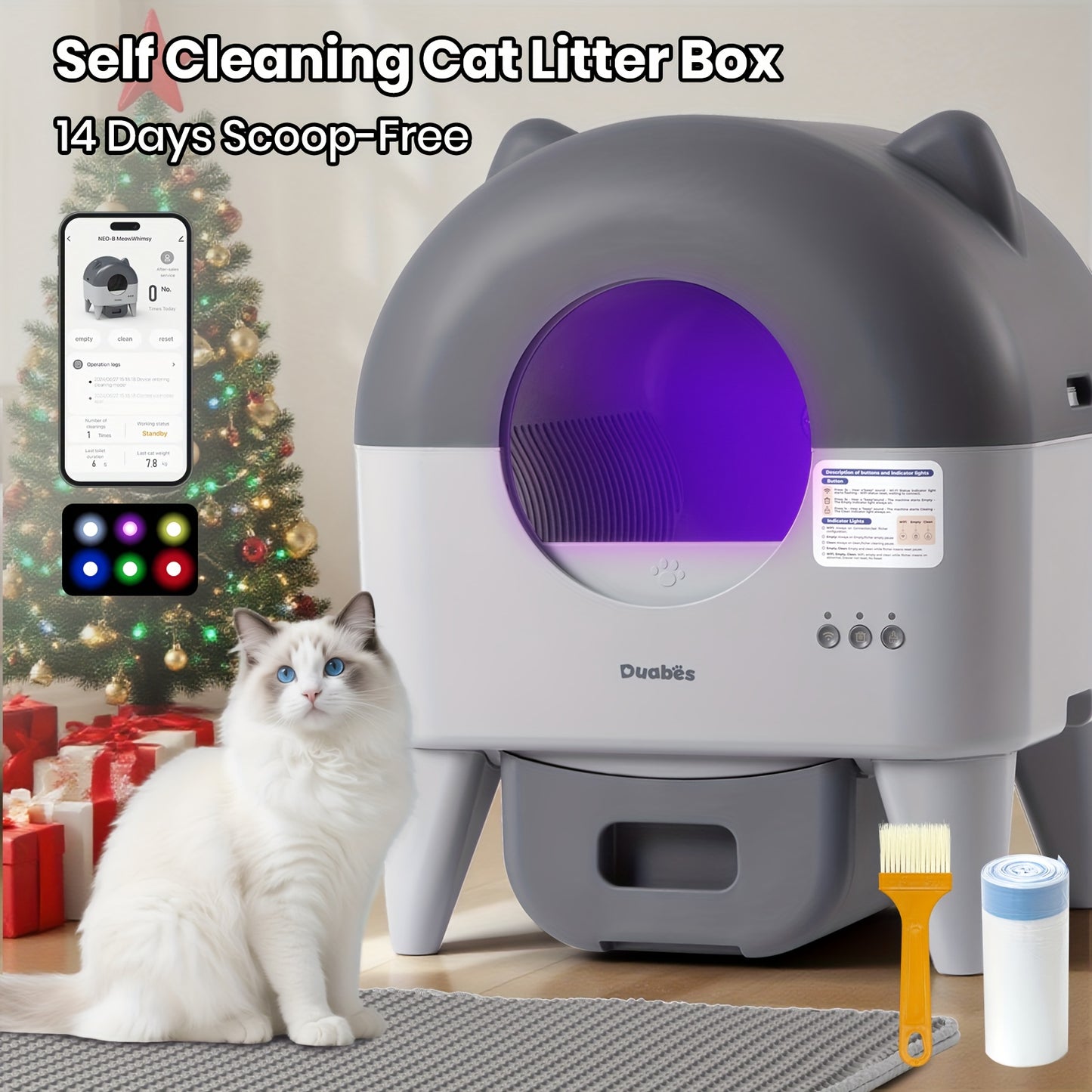 Large automatic self-cleaning cat litter box in white with ambient light
