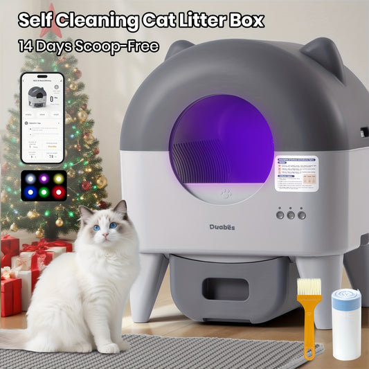 Large automatic self-cleaning cat litter box in white with ambient light