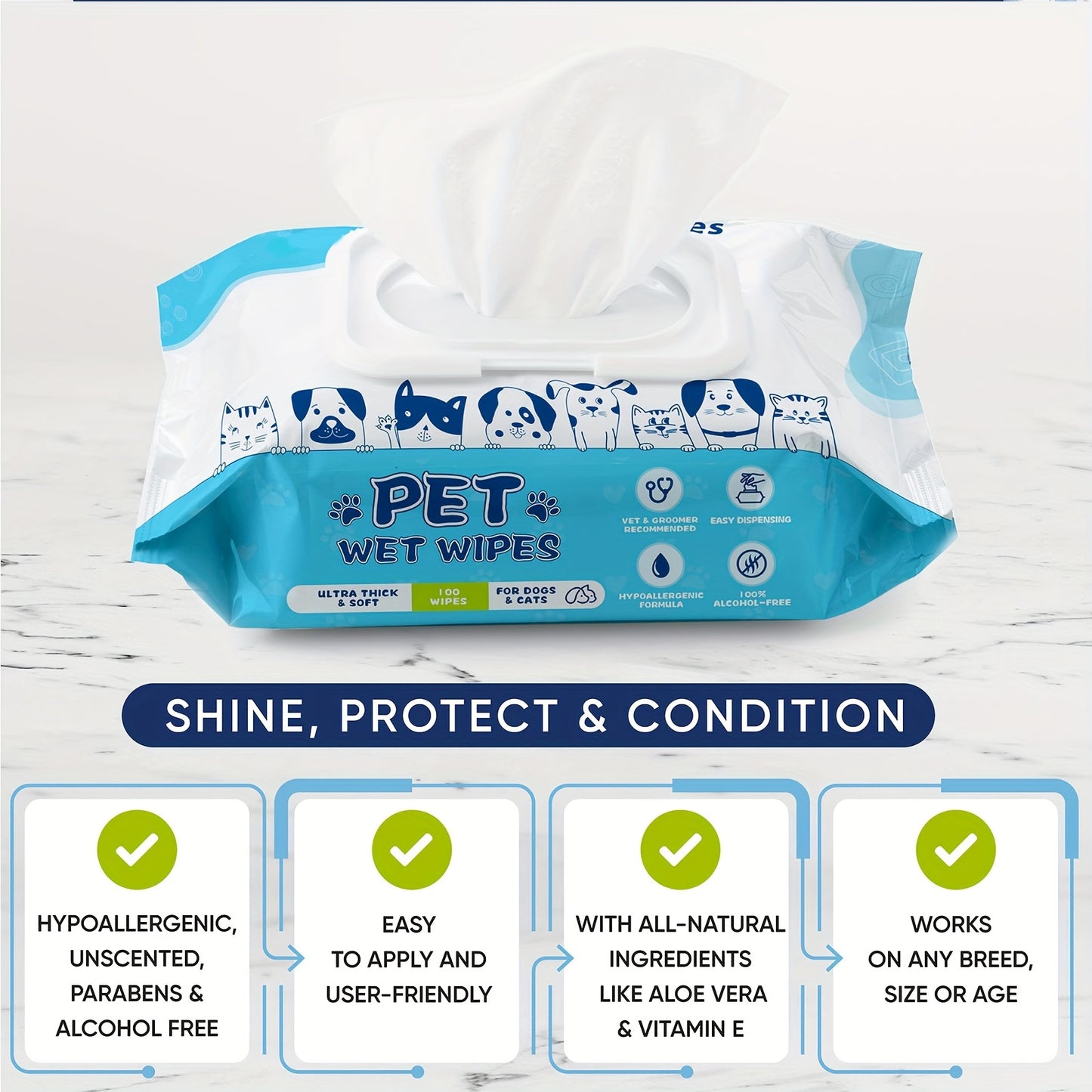 Pet Wipes 100pcs - Hypoallergenic Dog & Cat Wipes