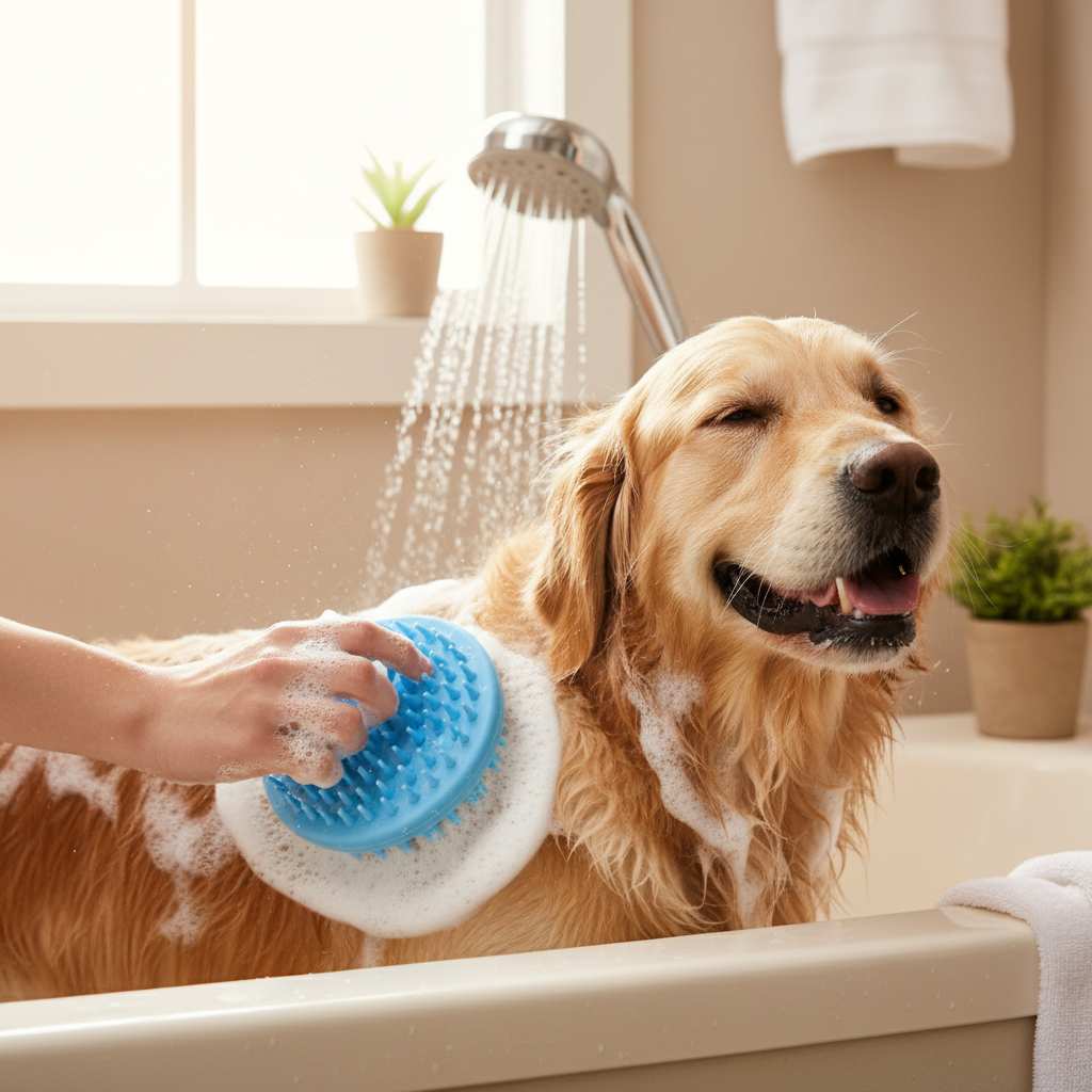 Bath time with grooming brush