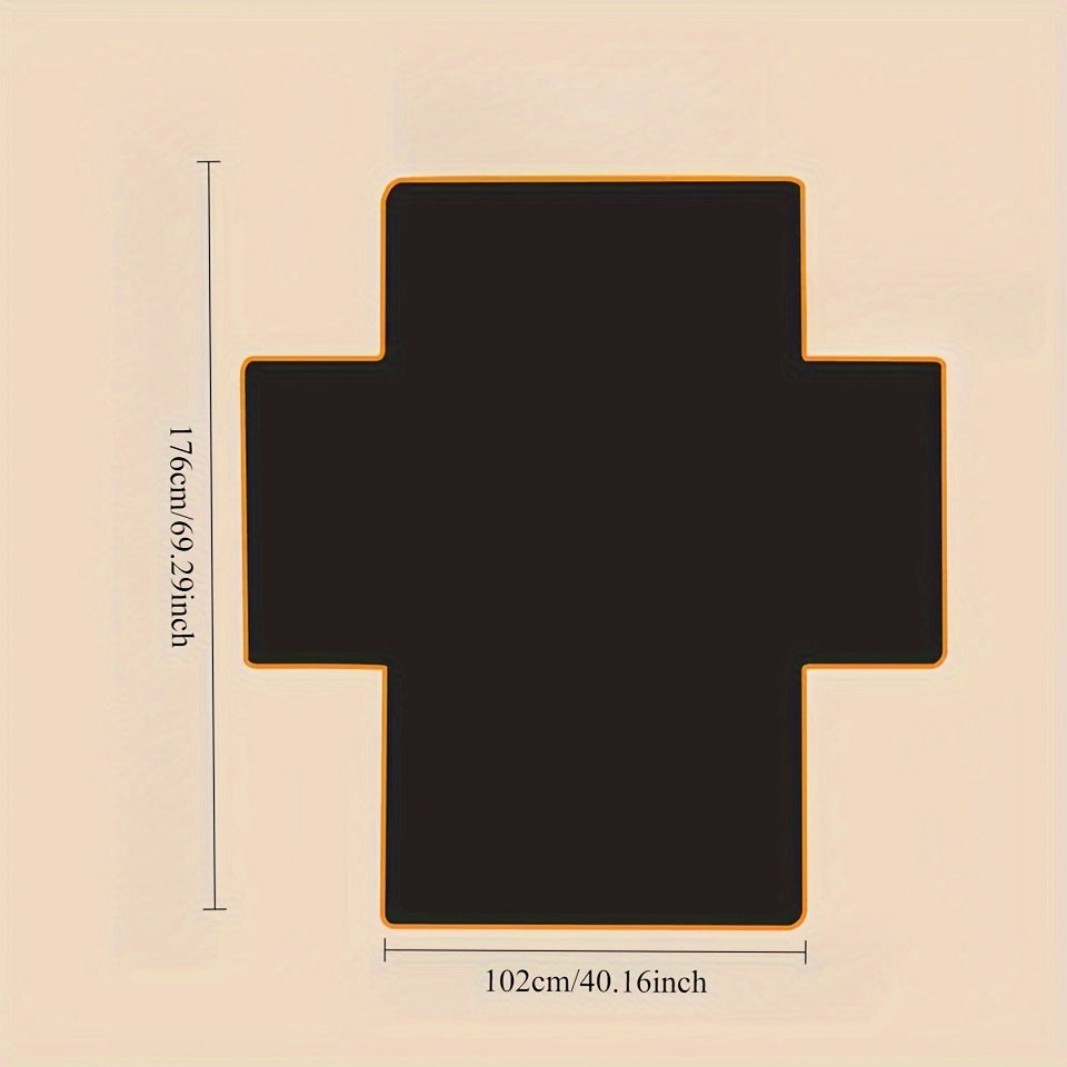 Black cross-shaped mat with measurements on a beige background