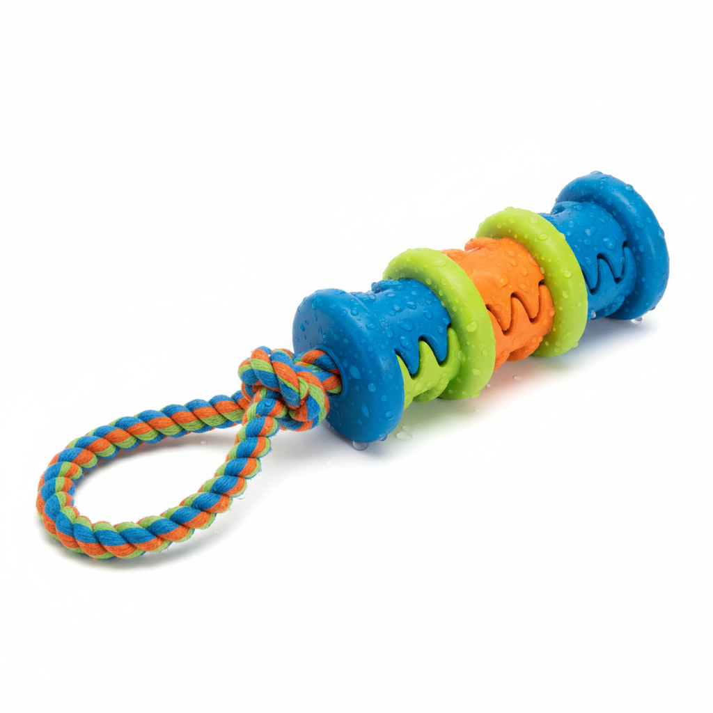 Chew-resistant rubber dog toy durable rope for teeth cleaning and interactive play
