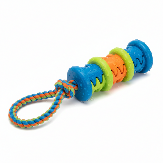 Chew-resistant rubber dog toy durable rope for teeth cleaning and interactive play
