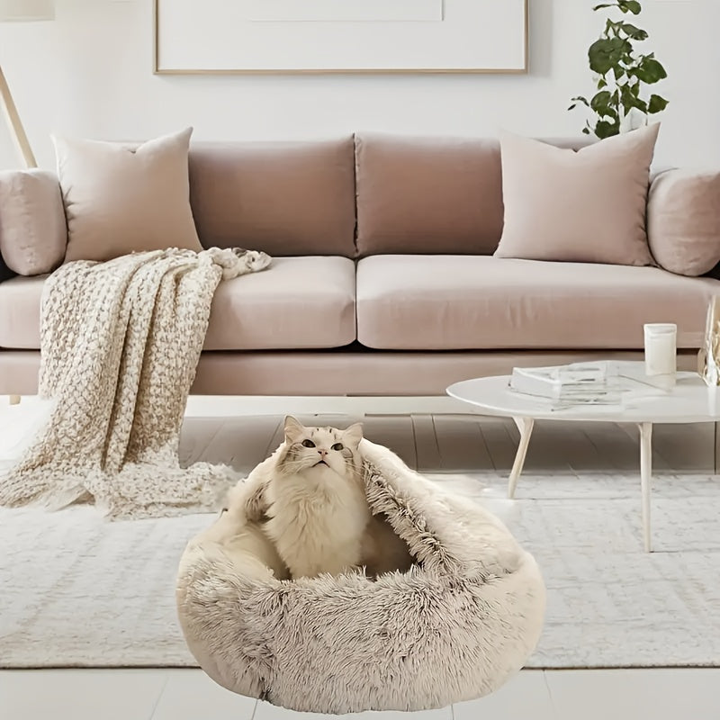 Plush Round Hooded Pet Bed - Warm for Cats & Dogs